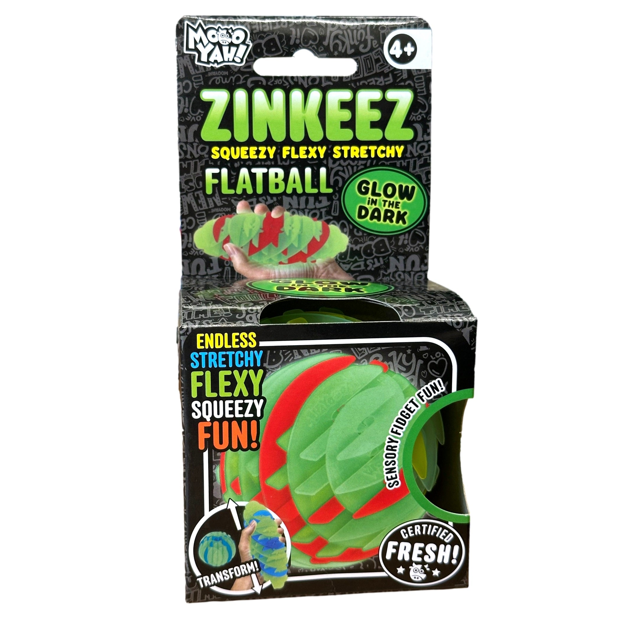 Box for a Zinkeez Flatball fidget toy, green and red with glow-in-the-dark features.